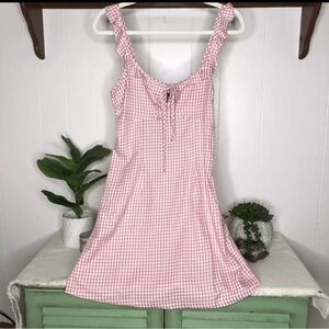 NWT Nasty Gal Womens Gingham Check Frill Neck Ruffle Mini A-Line Pink Size 4